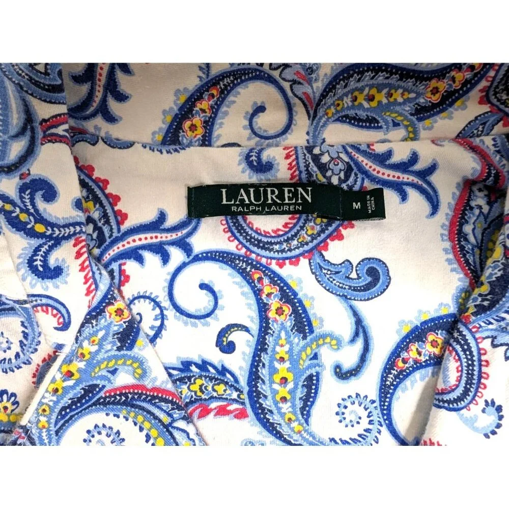 Lauren Ralph Lauren Womens Paisley Pajama Set M Blue & White Cotton Lounge Wear - Picture 3 of 10